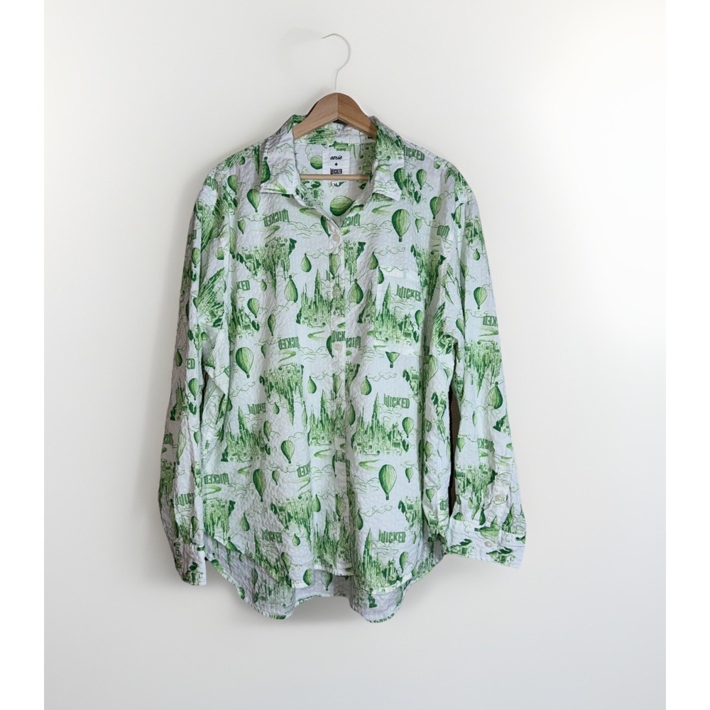 Aerie Wicked Oversized Button Up Shirt XL White Green Long Sleeve Cotton Modal